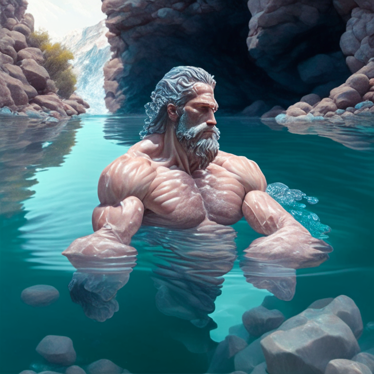 muscular stoic philosopher swimming in a crystal clear river with a rocky bottom