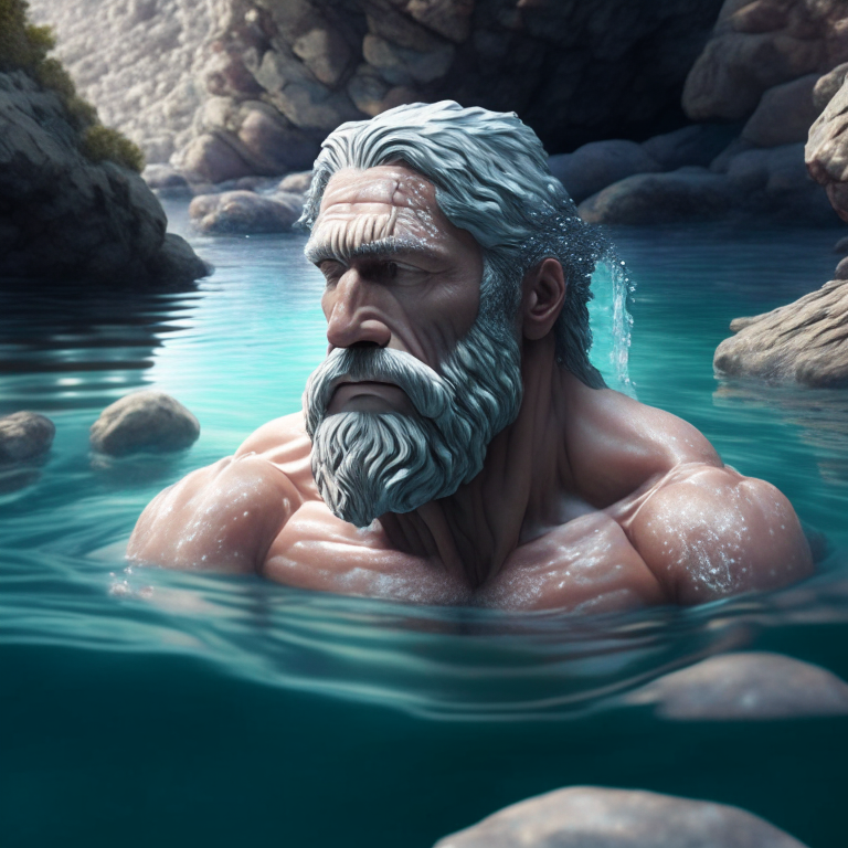 muscular stoic philosopher swimming in a crystal clear river with a rocky bottom 8k realistic