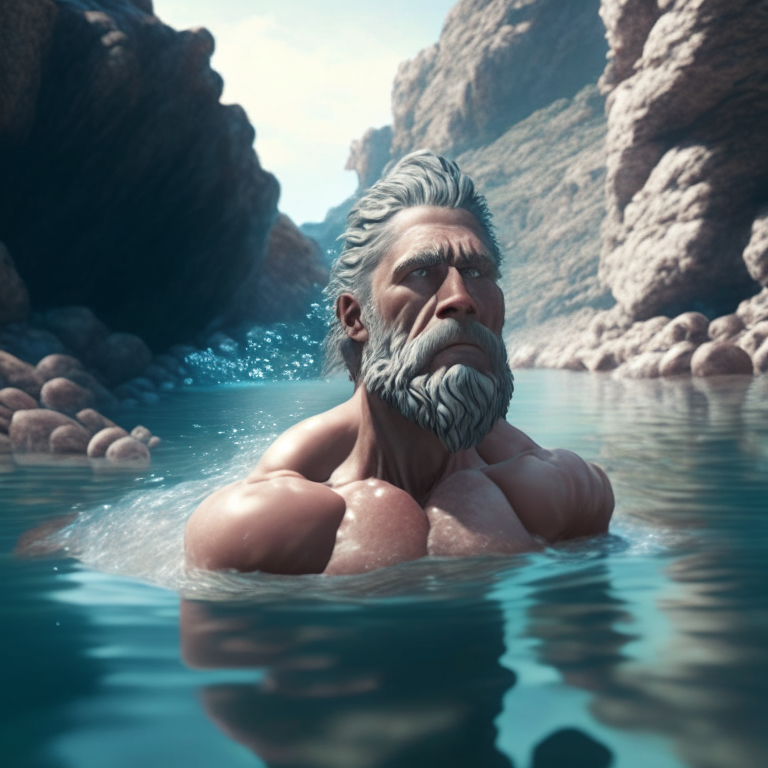 muscular stoic philosopher swimming in a crystal clear river with a rocky bottom from a view point on land 8k realistic