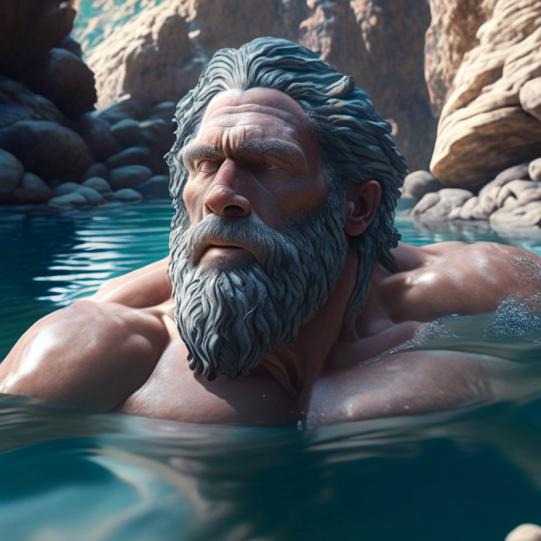 muscular stoic philosopher swimming in a crystal clear river with a rocky bottom with the camera angle far away 8k realistic