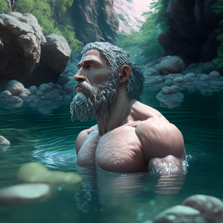 muscular stoic philosopher swimming in a crystal clear river with a rocky bottom and vegetation 8k realistic