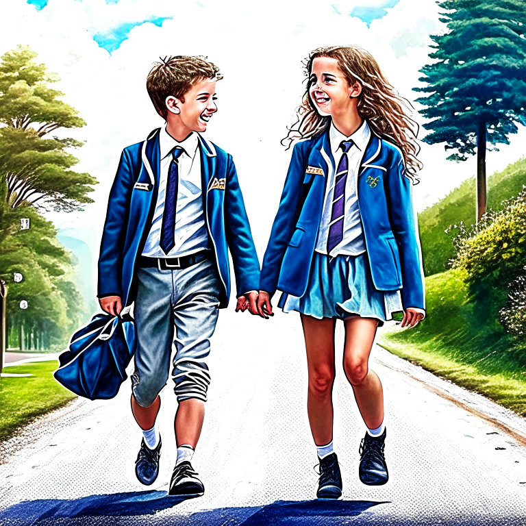 a boy and a girl in school uniform waling on the road, smiling, to wish to find what they really want to dream. ultrarealistic uhd faces, photorealism, natural, intricate details