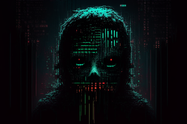 the dark side of coding, creepy, horror, glitch art, 8k