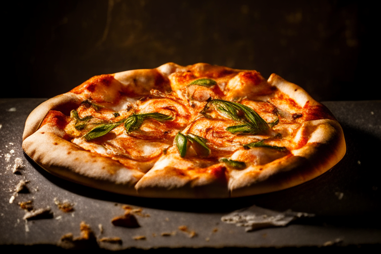 Wood Fired Pizza Oven Shrimp Scampi Pizza, bright studio lighting, razor-sharp focus