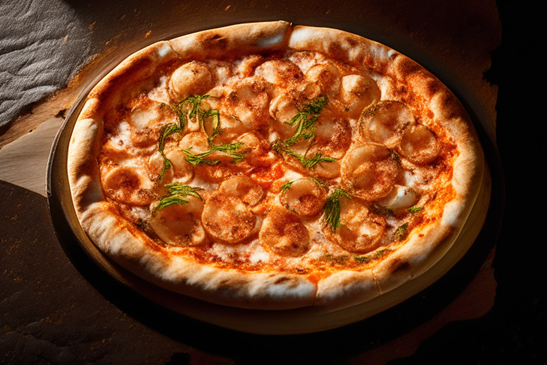 Wood Fired Pizza Oven Shrimp Scampi Pizza, bright studio lighting, razor-sharp focus, overhead shot