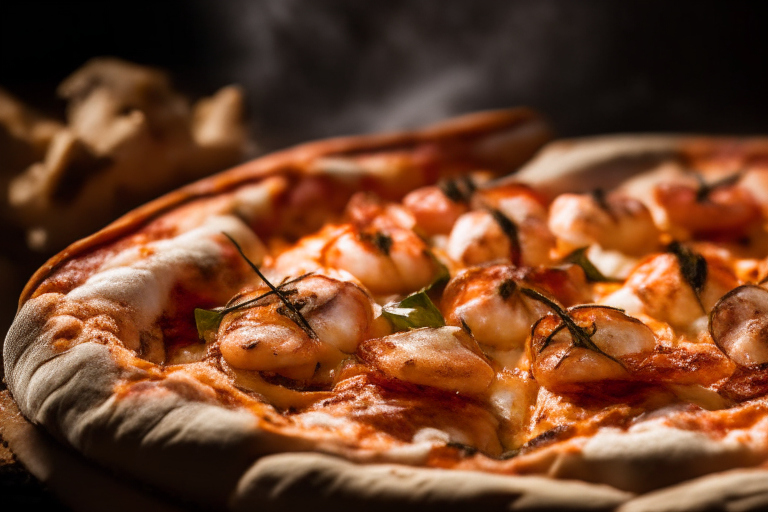 Wood Fired Pizza Oven Shrimp Scampi Pizza, bright studio lighting, razor-sharp focus, close-up shot