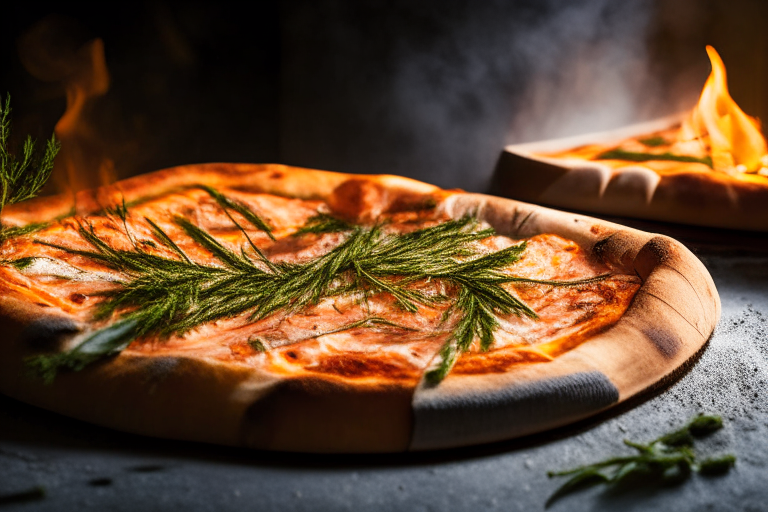 Wood Fired Pizza Oven Smoked Salmon and Dill Pizza, bright studio lighting, razor-sharp focus