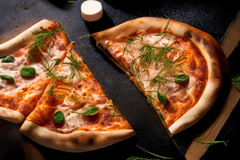 Wood Fired Pizza Oven Smoked Salmon and Dill Pizza, bright studio lighting, razor-sharp focus, overhead shot