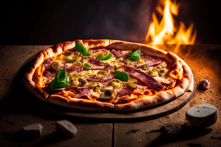 Wood Fired Pizza Oven Tuna Nicoise Pizza, bright studio lighting, razor-sharp focus