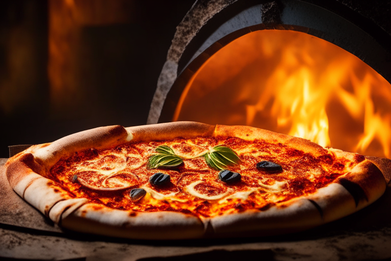 Wood Fired Pizza Oven Mediterranean Seafood Delight Pizza, bright studio lighting, razor-sharp focus