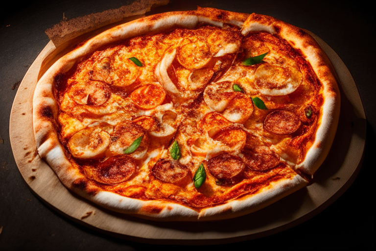 Wood Fired Pizza Oven Mediterranean Seafood Delight Pizza, bright studio lighting, razor-sharp focus, overhead shot