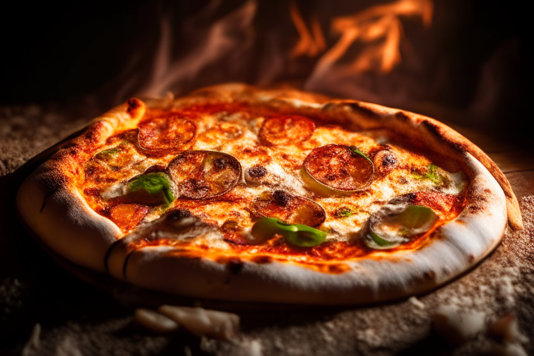 Wood Fired Pizza Oven Mediterranean Seafood Delight Pizza, bright studio lighting, razor-sharp focus, close-up shot