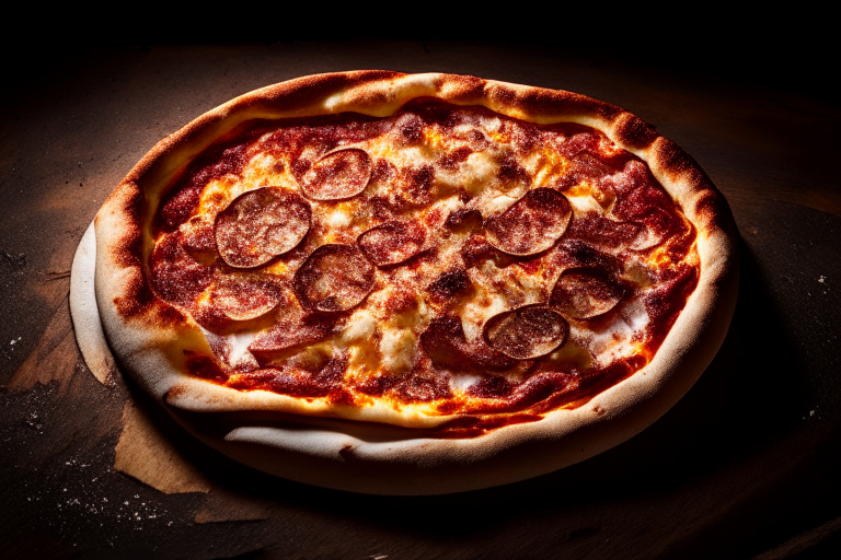 Wood Fired Pizza Oven Clam and Bacon Pizza, bright studio lighting, razor-sharp focus, overhead shot