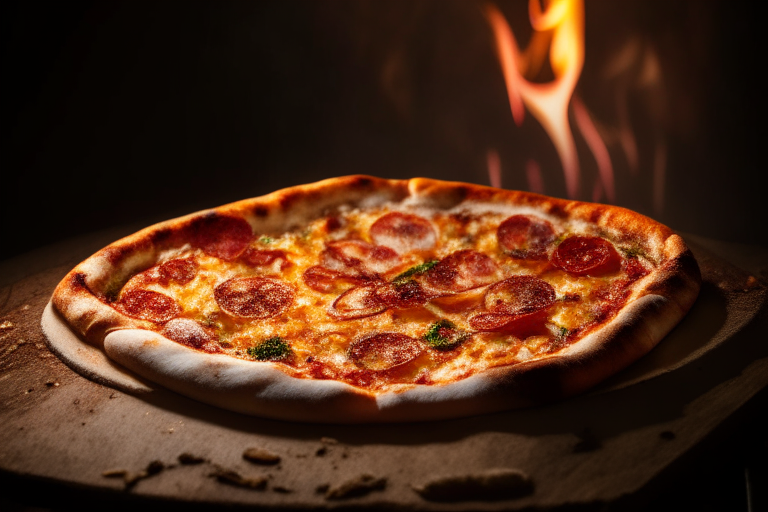 Wood Fired Pizza Oven Clam and Bacon Pizza, bright studio lighting, razor-sharp focus, 3/4 shot