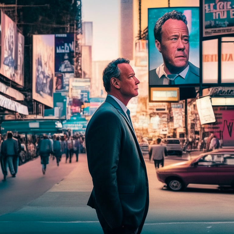 Tom Hanks stands on a bustling Hollywood street, surrounded by vibrant billboards and flashing lights. Write about the moment just before he receives the life-changing phone call that launches his acting career.