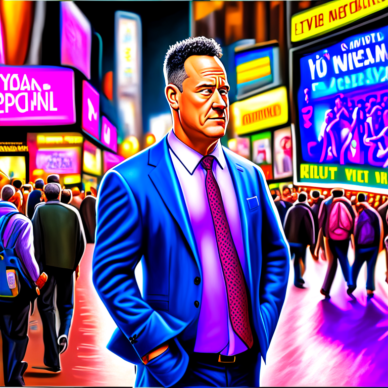 Tom Hanks stands on a bustling Hollywood street, surrounded by vibrant billboards and flashing lights. Write about the moment just before he receives the life-changing phone call that launches his acting career.