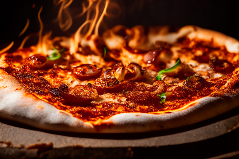 Wood Fired Pizza Oven Spicy Calamari and Chorizo Pizza, bright studio lighting, razor-sharp focus, close-up shot