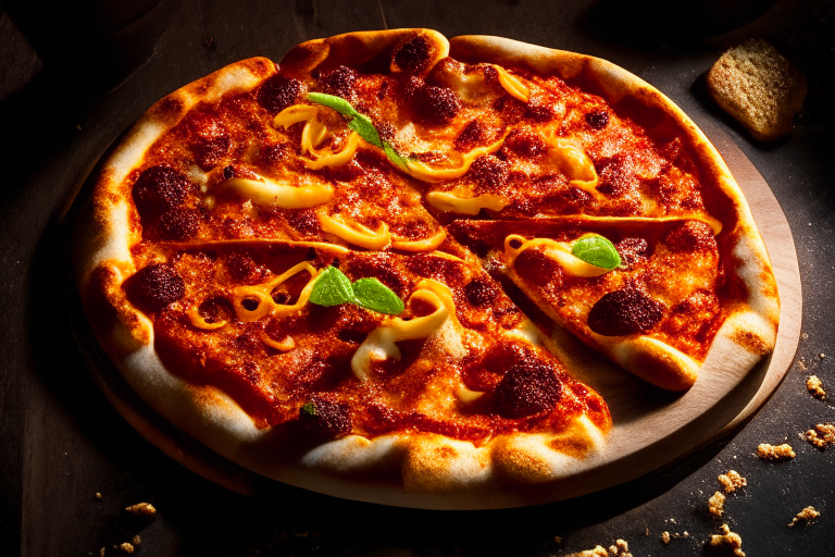 Wood Fired Pizza Oven Spicy Calamari and Chorizo Pizza, bright studio lighting, razor-sharp focus, overhead shot