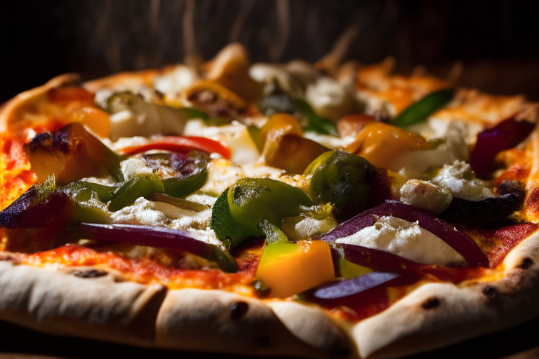 Wood Fired Pizza Oven Roasted Veggie and Goat Cheese Pizza, bright studio lighting, razor-sharp focus, close-up shot