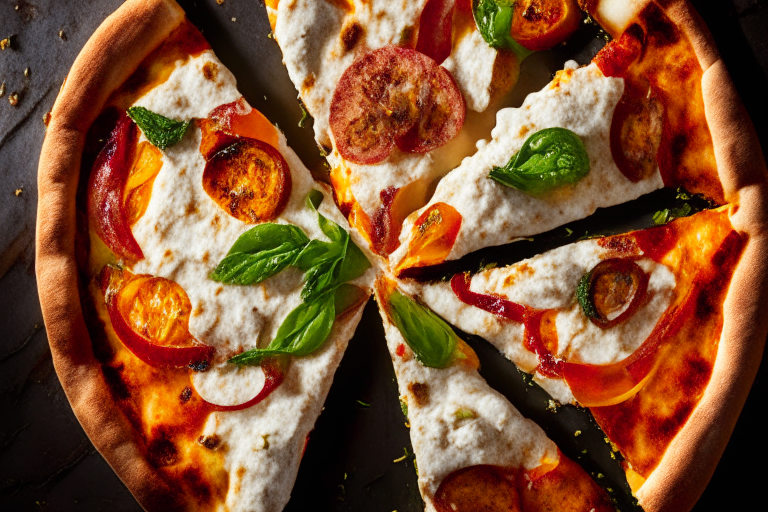 Wood Fired Pizza Oven Roasted Veggie and Goat Cheese Pizza, bright studio lighting, razor-sharp focus, overhead shot