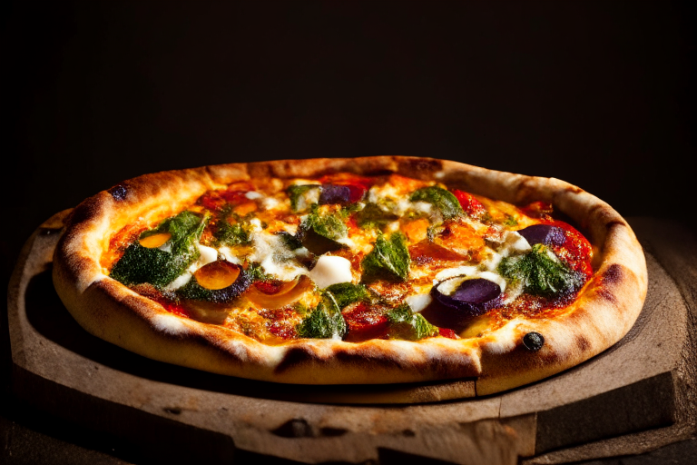 Wood Fired Pizza Oven Roasted Veggie and Goat Cheese Pizza, bright studio lighting, razor-sharp focus, 3/4 shot