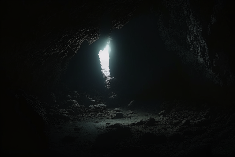 The camera starts moving out of a dark cave.