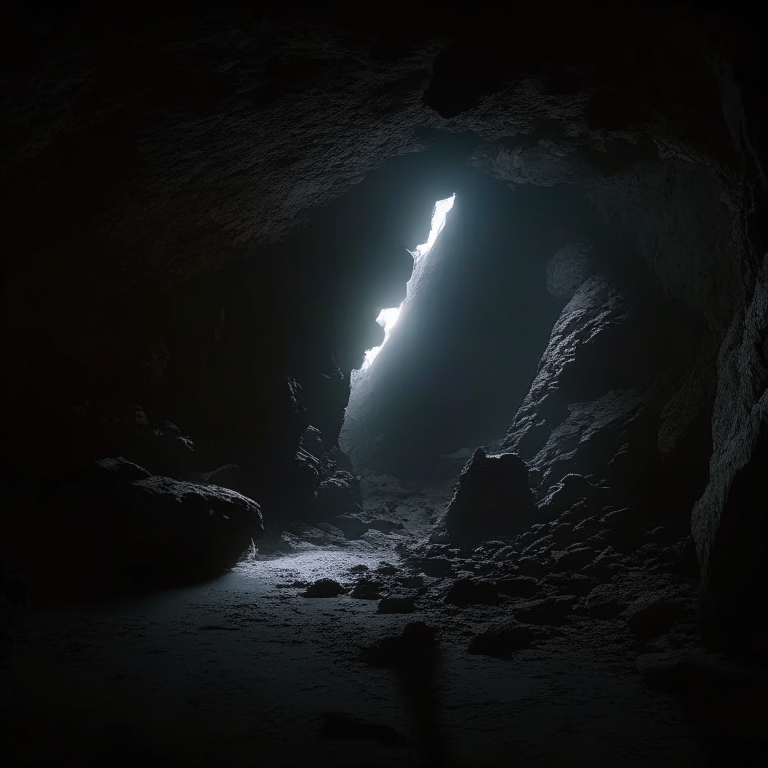 The camera starts moving out of a dark cave.
