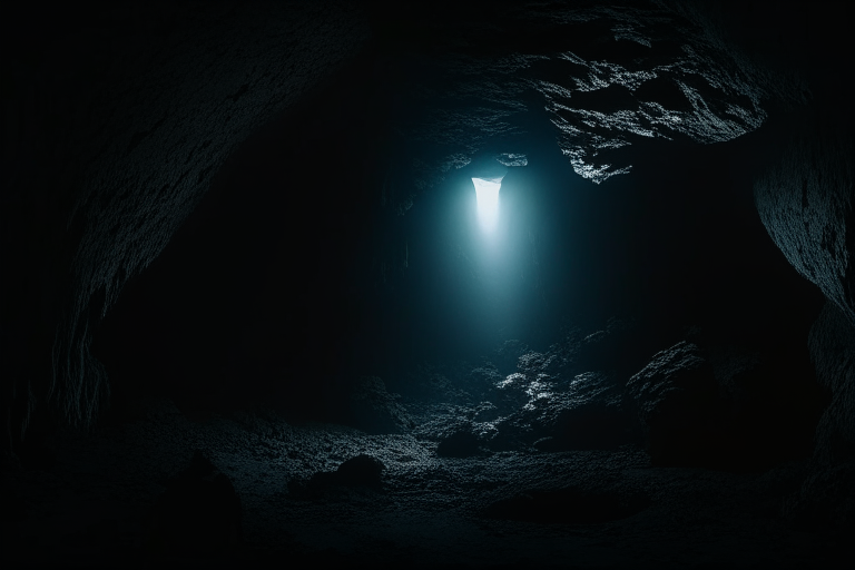The camera starts moving out of a dark cave.
