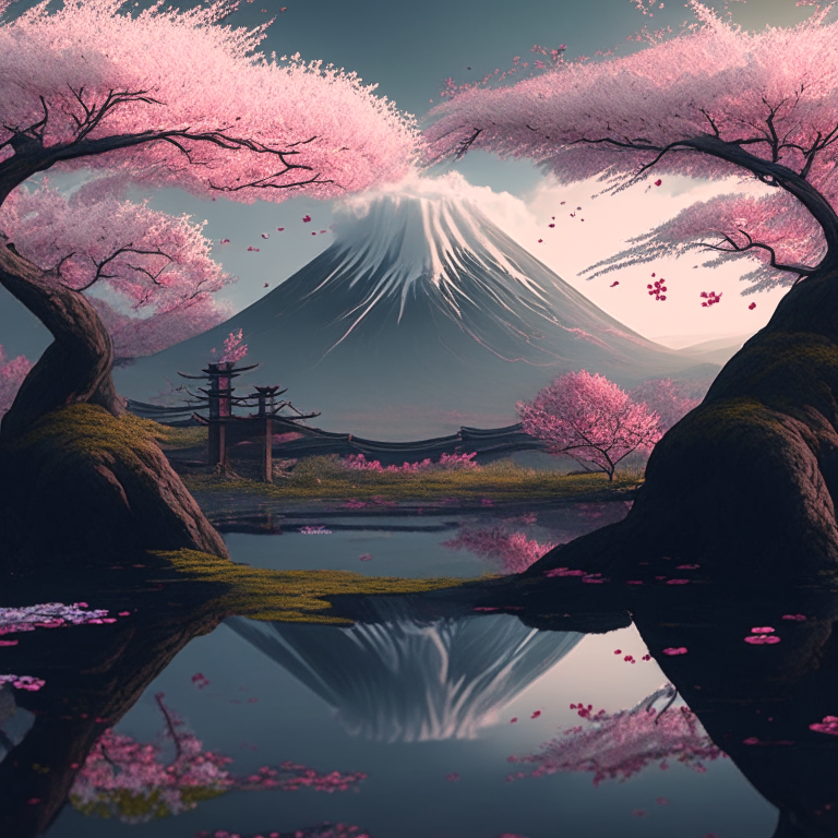 new portals, swamp, square cherry blossom trees, mt. fuji, 8k