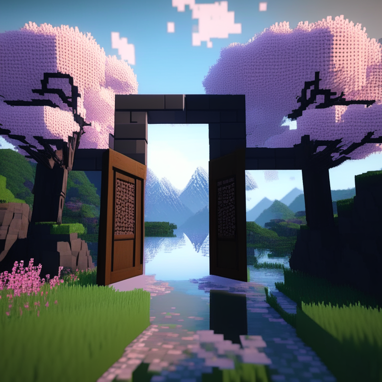 rectangular door portals, swamp, square cherry blossom trees, mt. fuji, 8k minecraft rtx