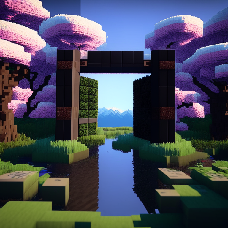 rectangular door portals, swamp, square cherry blossom trees, mt. fuji, 8k minecraft rtx