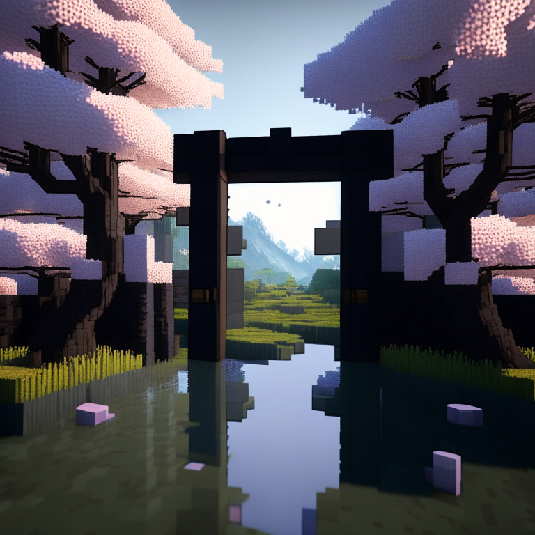 rectangular door portals, swamp, square cherry blossom trees, mt. fuji, 8k minecraft rtx