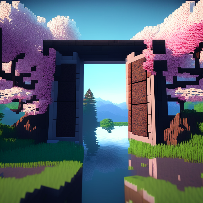 rectangular door portals, swamp, square cherry blossom trees, mt. fuji, 8k minecraft rtx