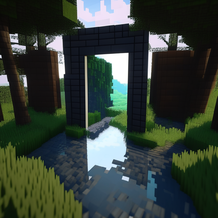 rectangular door portals, swamp, square birch trees, mt. fuji, 8k minecraft rtx