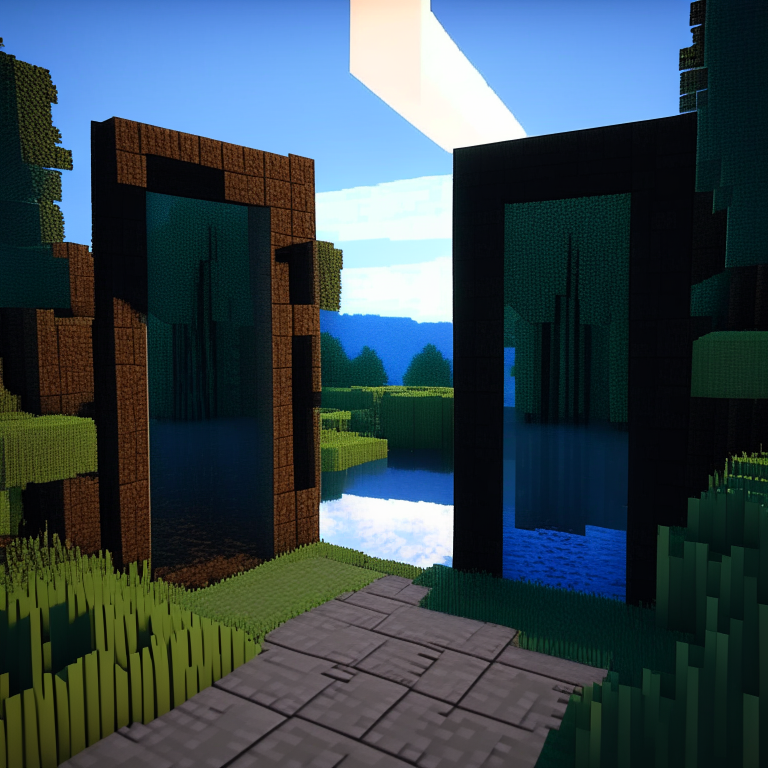 rectangular door portals, swamp, square birch trees, mt. fuji, 8k minecraft rtx