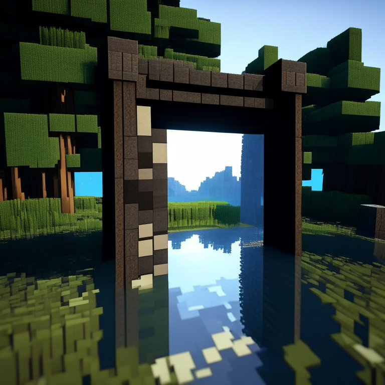 rectangular door portals, swamp, square birch trees, mt. fuji, 8k minecraft rtx