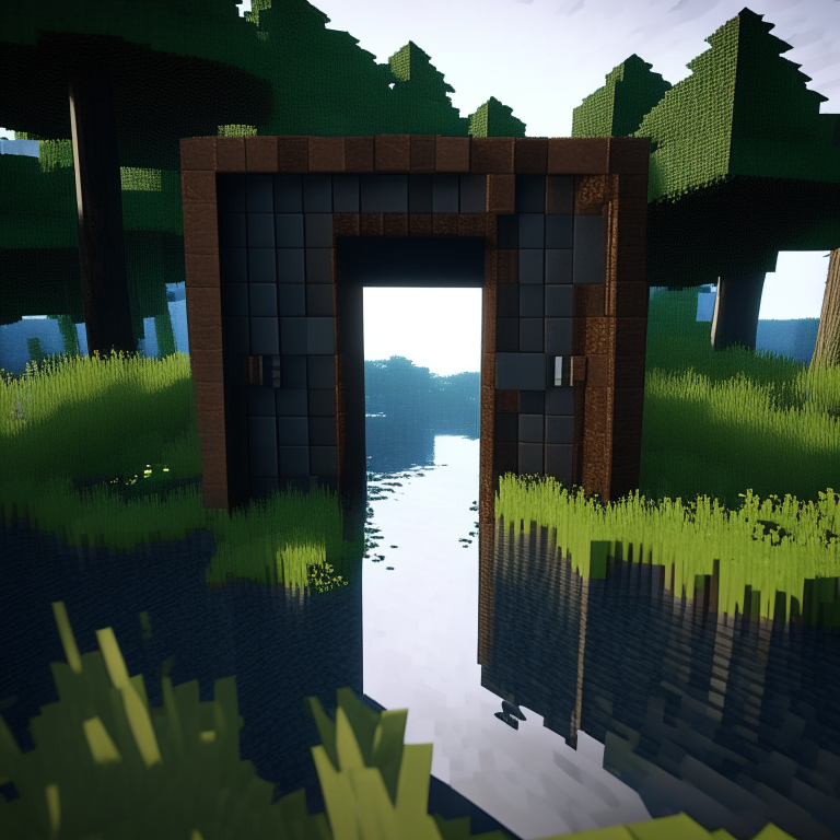 rectangular door portals, swamp, square birch trees, mt. fuji, 8k minecraft rtx