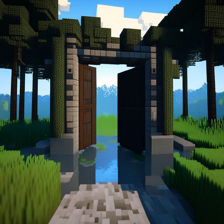 rectangular door portals, swamp, square birch trees, mt. fuji, 8k minecraft rtx