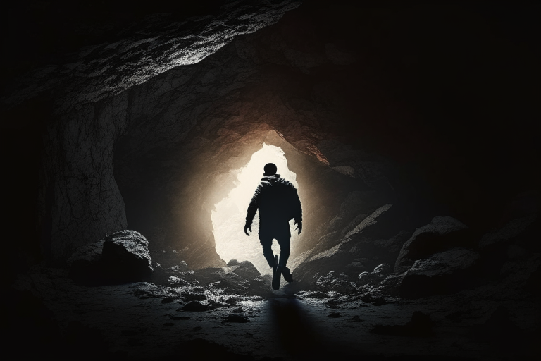 The man starts moving out of a dark cave.