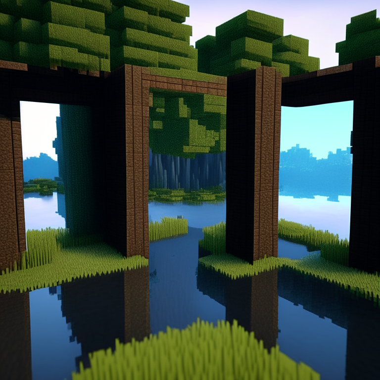 rectangular door portals, swamp, square birch trees, mt. fuji, 8k minecraft rtx