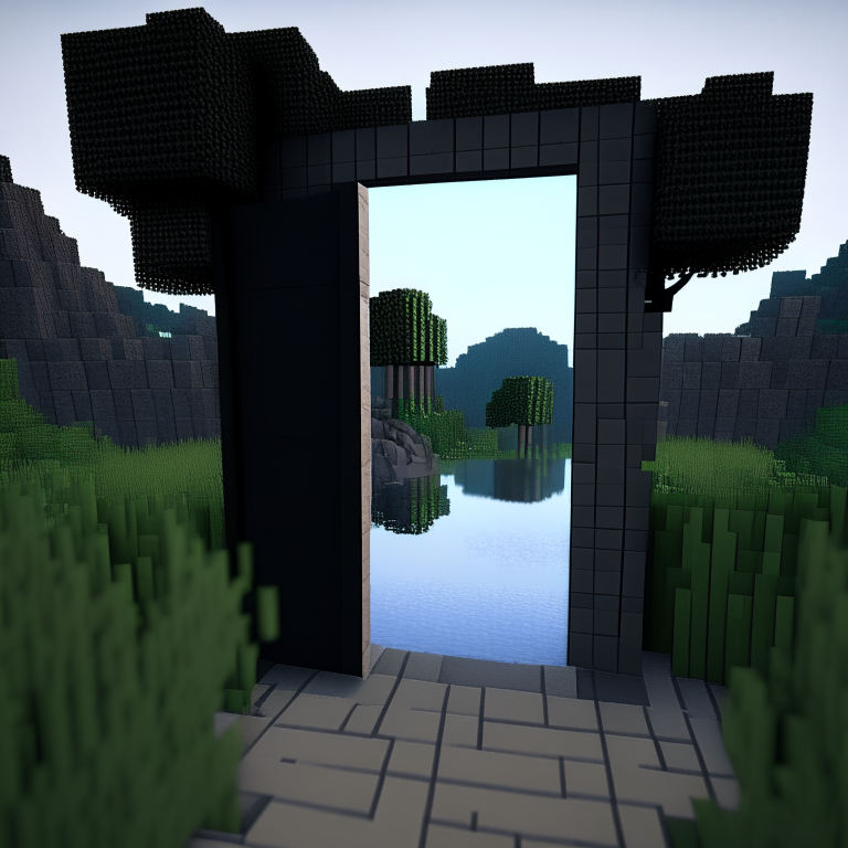 rectangular door black rock portal, swamp, square birch trees, mt. fuji, 8k minecraft rtx