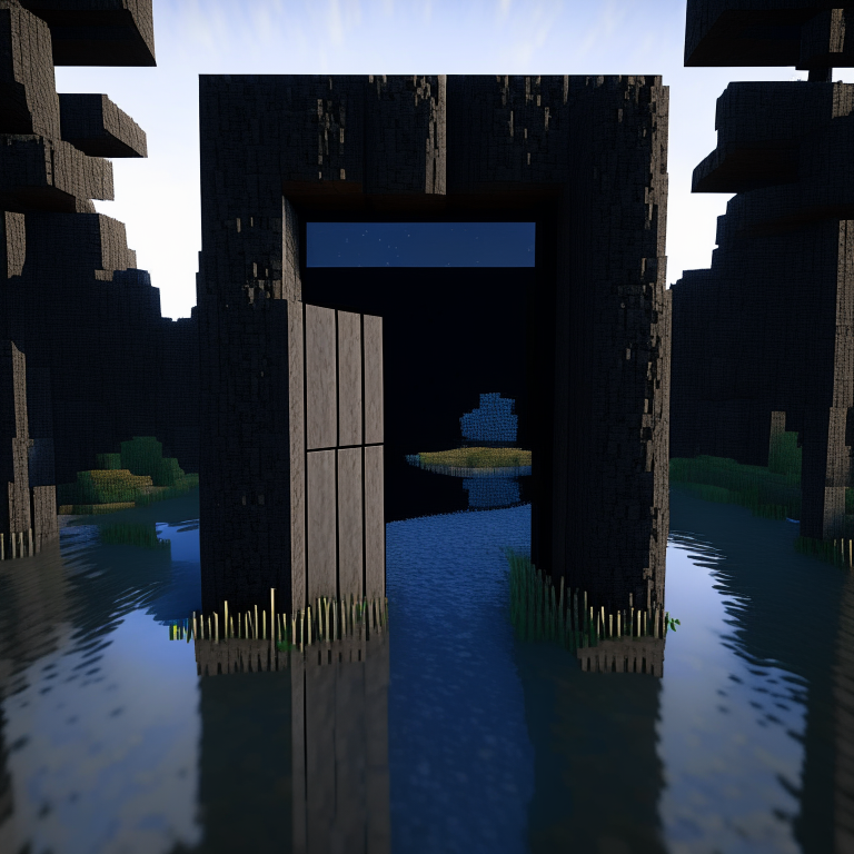 rectangular door black rock portal, swamp, square birch trees, mt. fuji, 8k minecraft rtx