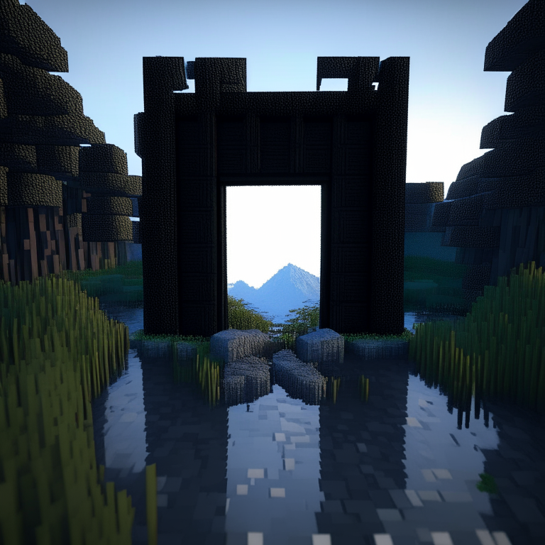 rectangular door black rock portal, swamp, square birch trees, mt. fuji, 8k minecraft rtx