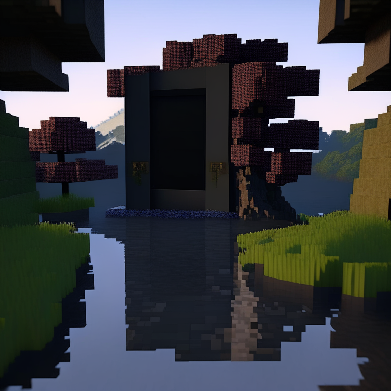 rectangular door black rock portal, swamp, square cherry trees, mt. fuji, 8k minecraft rtx