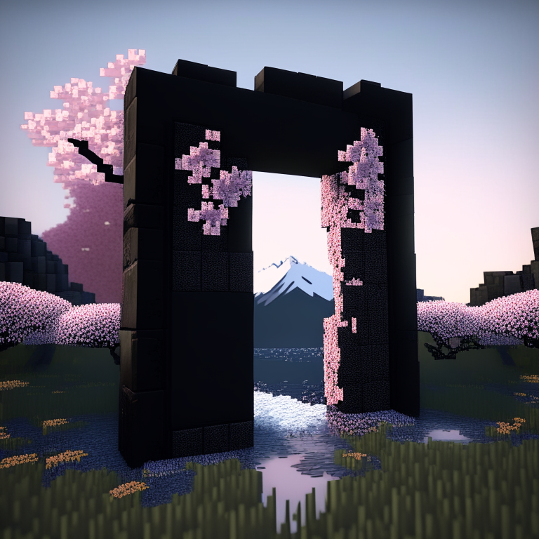 rectangular door black rock portal, swamp, square cherry blossom trees, mt. fuji, 8k minecraft rtx