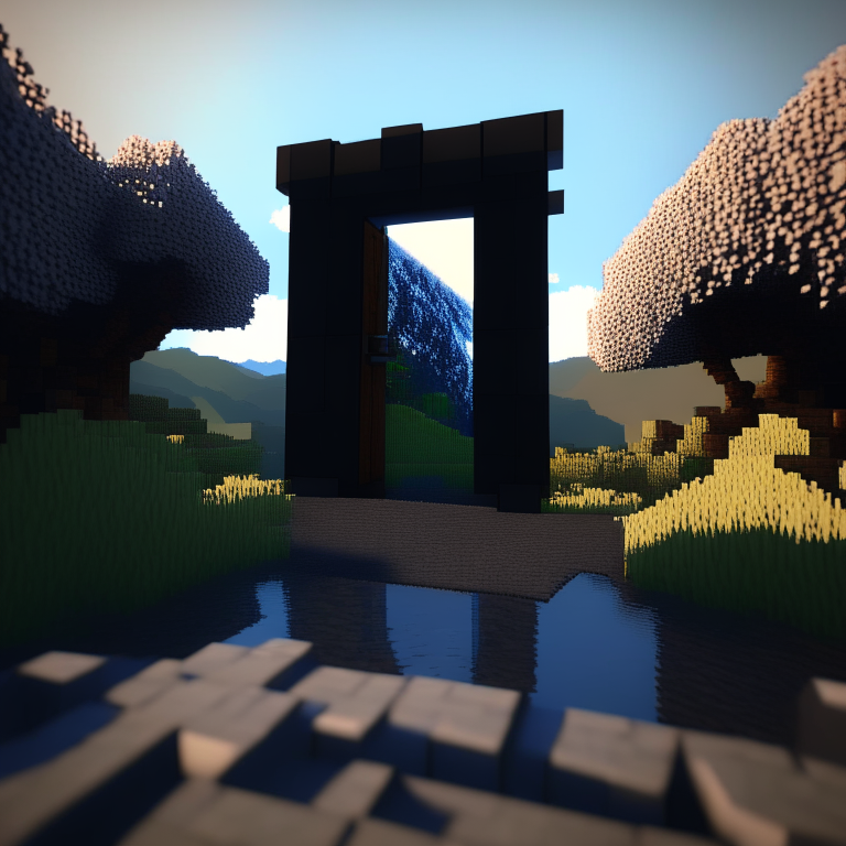 rectangular door black rock portal, swamp, square cherry trees, sunny, mt. fuji, 8k minecraft rtx