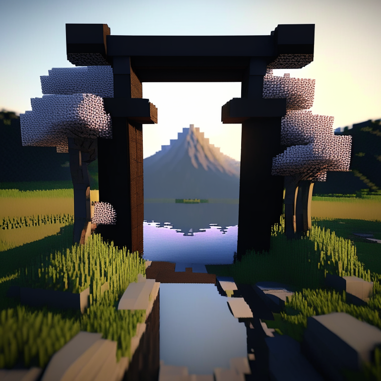 rectangular door black rock portal, swamp, square cherry trees, sunny, mt. fuji, 8k minecraft rtx