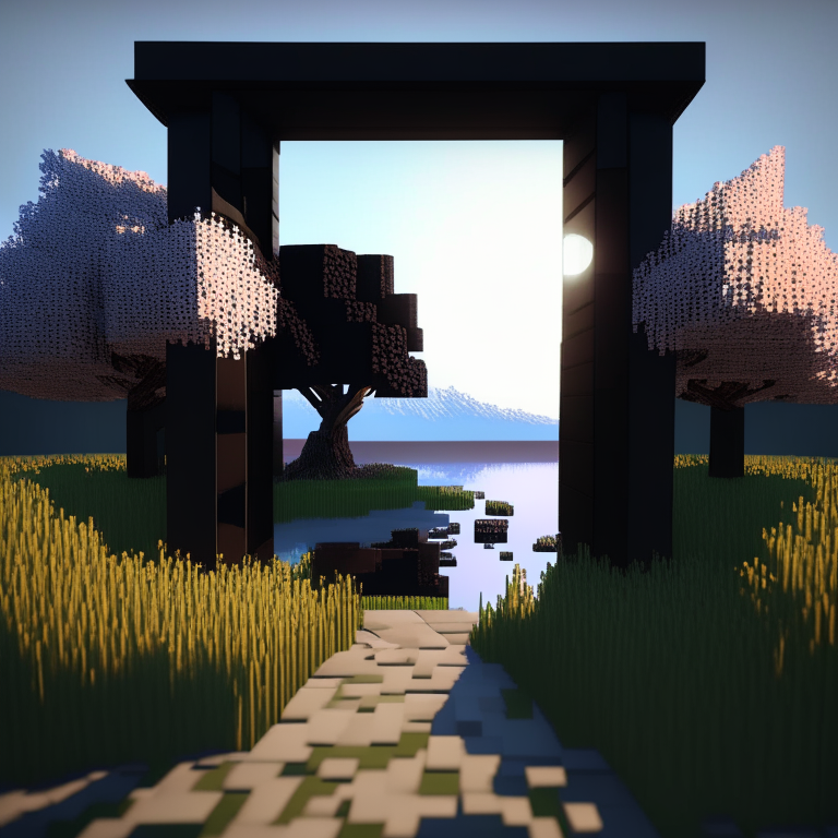 rectangular door black rock portal, swamp, square cherry trees, sunny, mt. fuji, 8k minecraft rtx