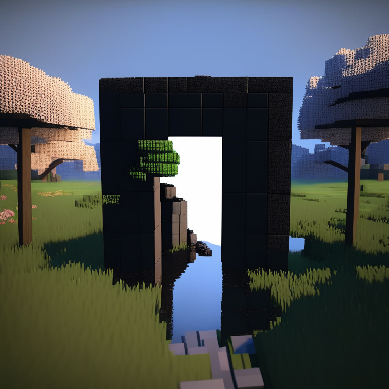 rectangular door black rock portal, swamp, square cherry trees, sunny, mt. fuji, 8k minecraft rtx