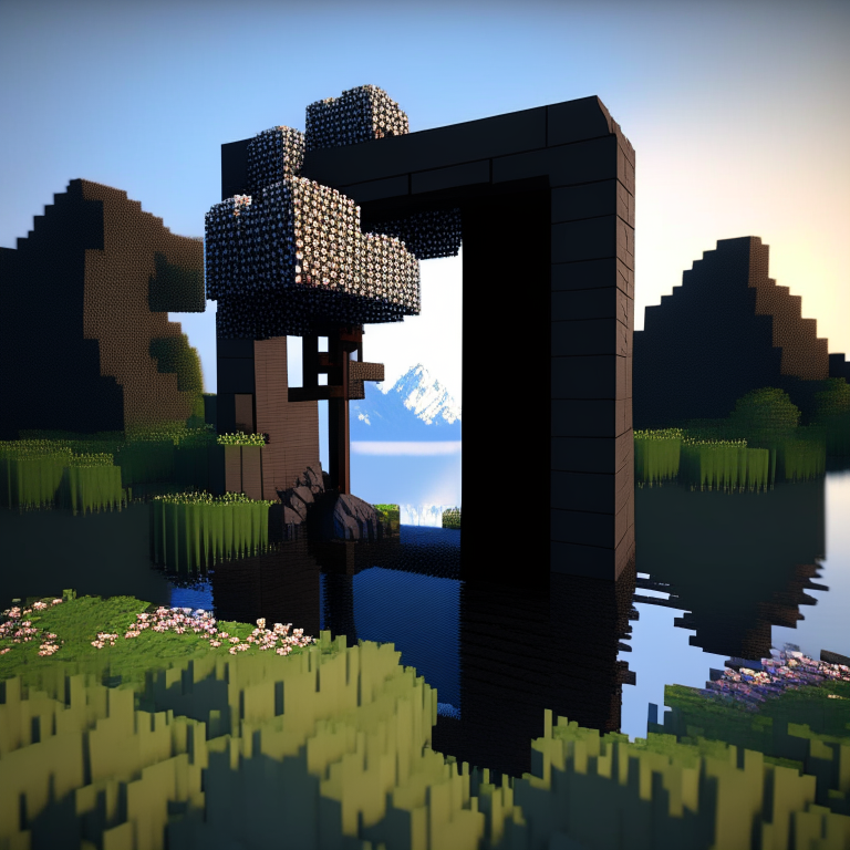 rectangular door black rock portal, swamp, square cherry trees, sunny, mt. fuji, 8k minecraft rtx